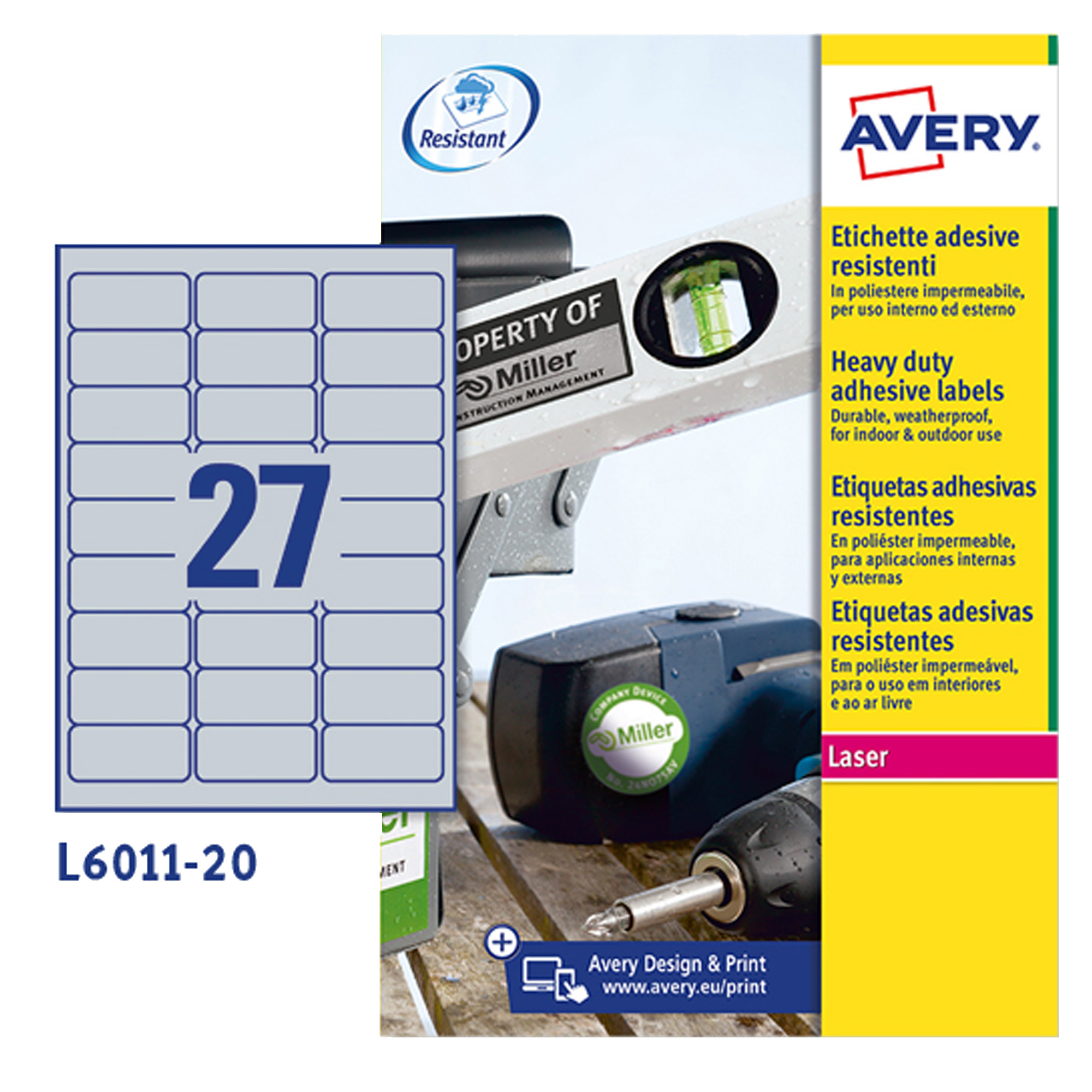 Poliestere adesivo L6011 argento 8fg A4 63,5x29,6mm (27et/fg …