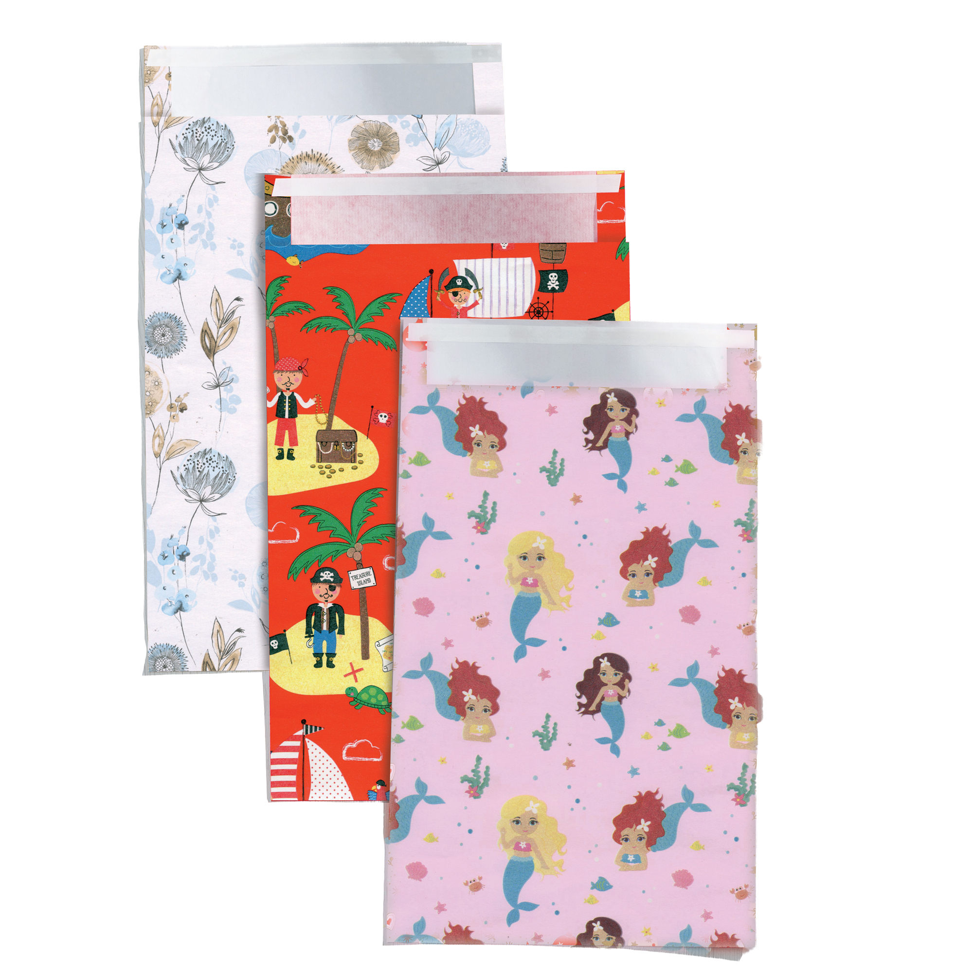 Blister 3pz sacchetto carta c/patella adesiva 20x35+5cm fantasie …