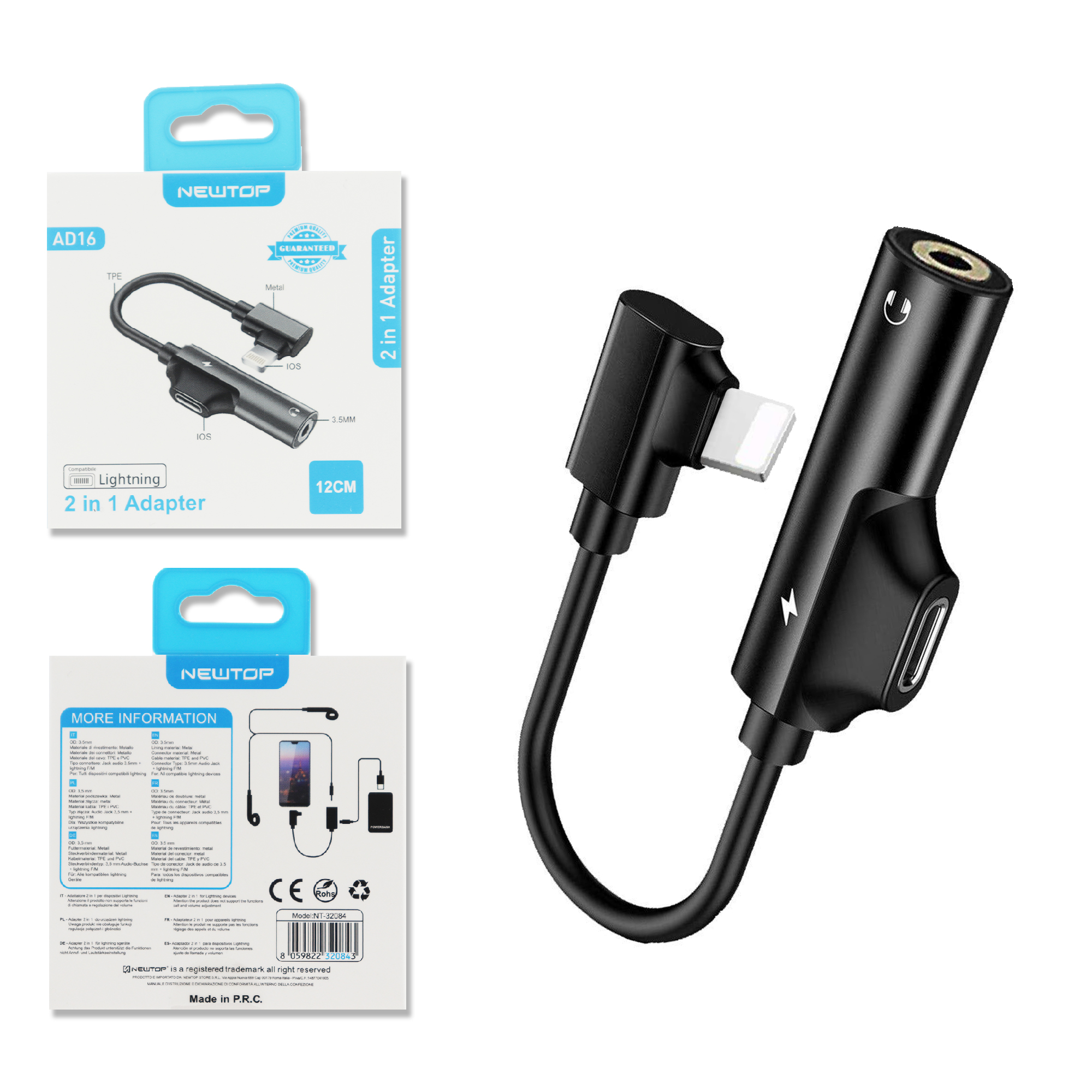 NEWTOP AD16 ADATTATORE SDOPPIATORE LIGHTNING/LIGHTNING + AUX 3.5F …