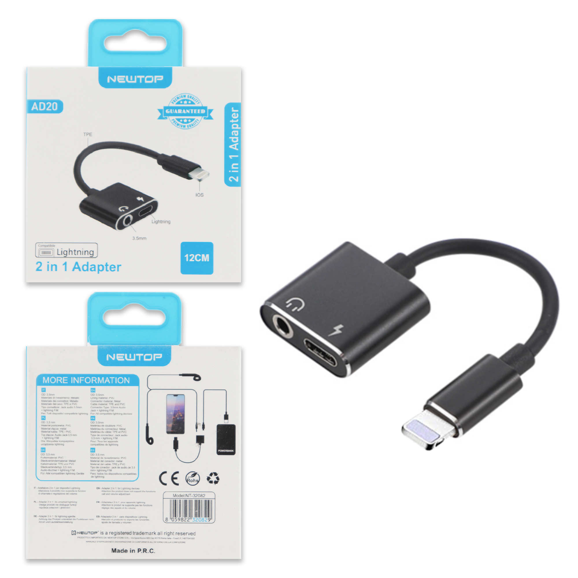 NEWTOP AD20 ADATTATORE SDOPPIATORE LIGHTNING/LIGHTNING + AUX 3.5F …