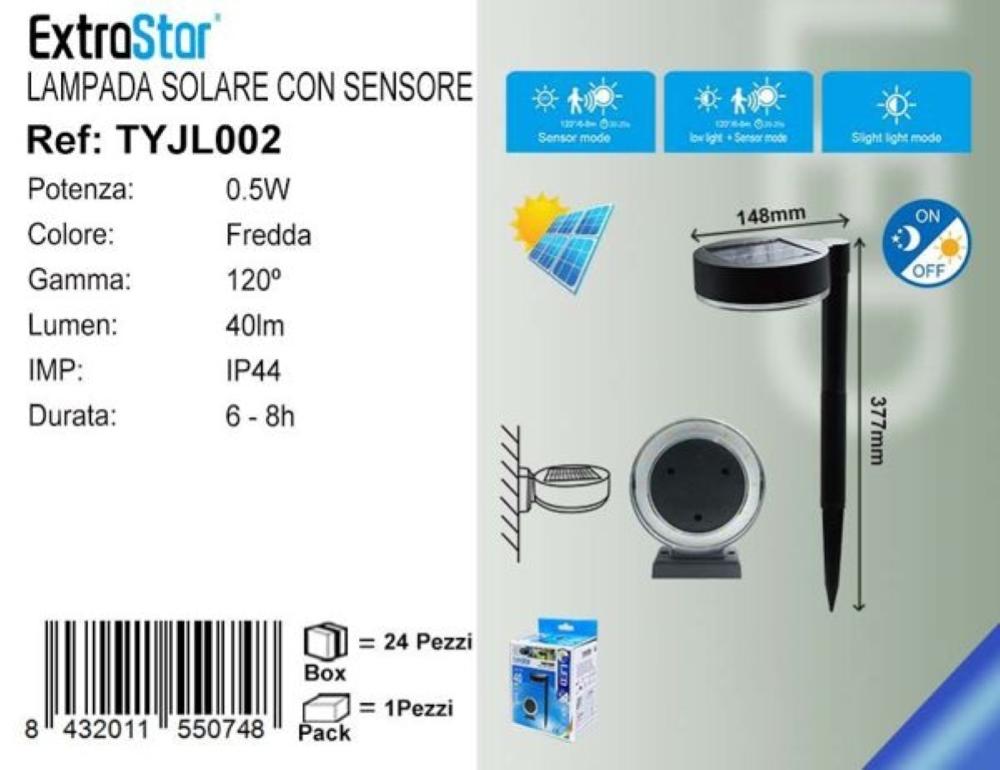 EXTRASTAR LAMPADA SOLARE CON SENSORE PIR 0.5W 40LM …