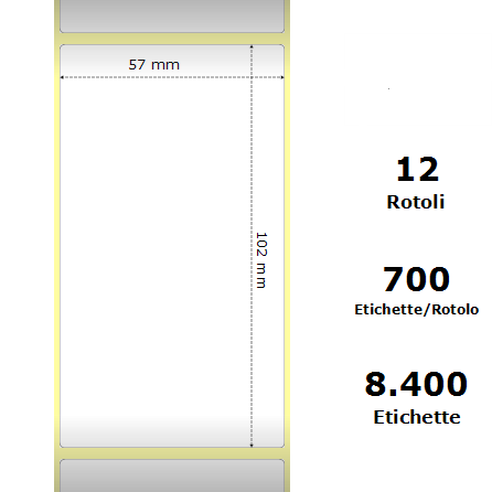 White 57x102mm,700 Et/Rotolo Z-2000D, 2.2x4x1Core, 12 Rolls